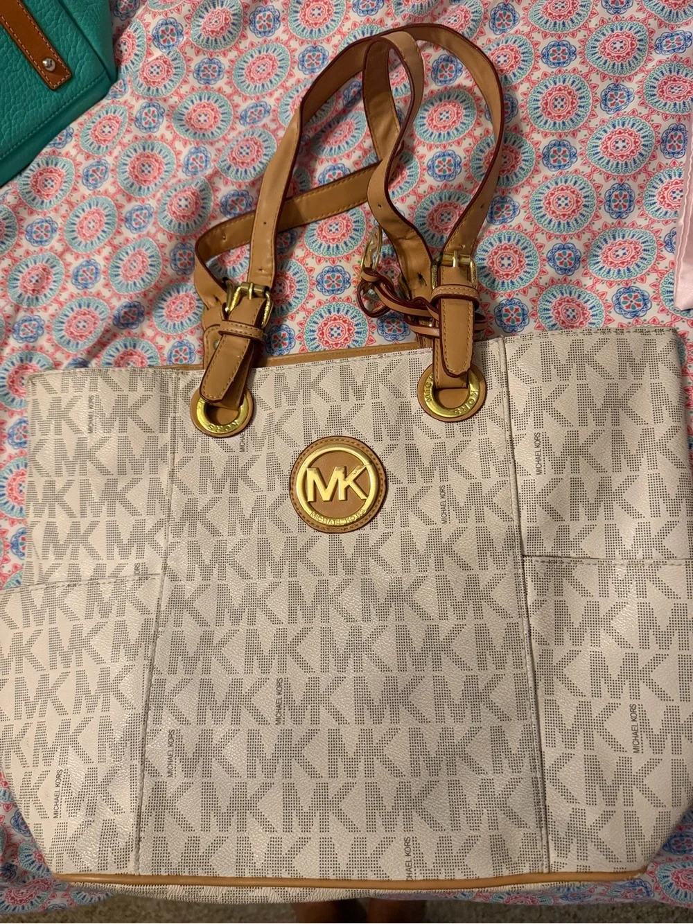 Michael Kors Beige Logo Tote with Tan Leather Straps and Gold Accents